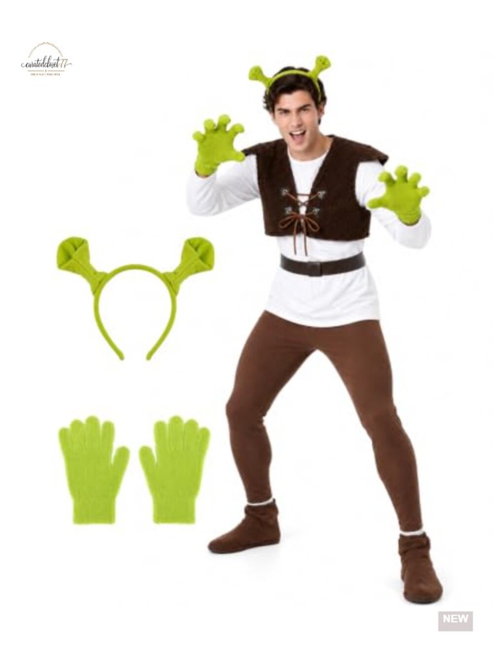 Adult Green Monster Costume Set with Ears Headband Gloves Halloween